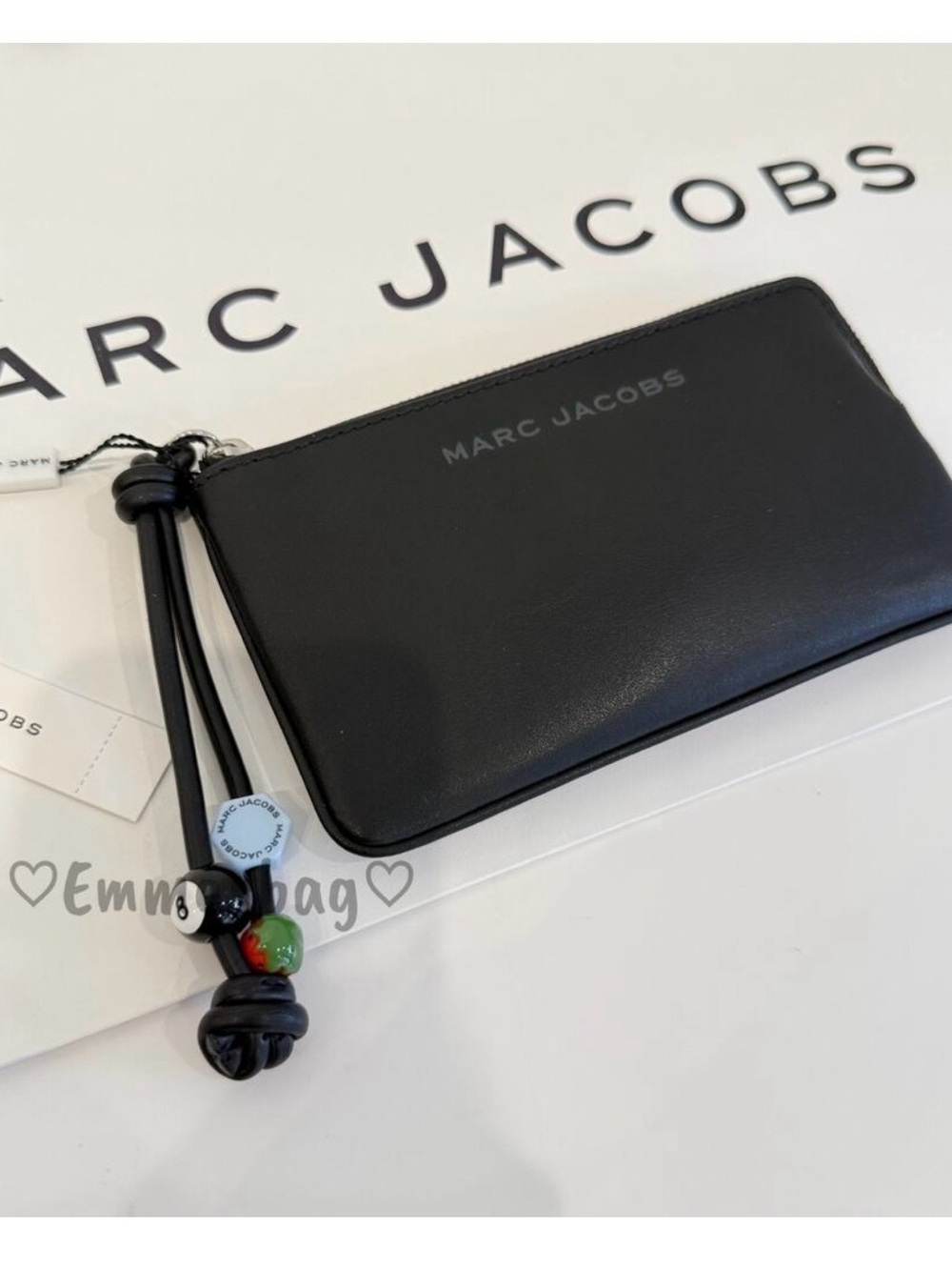 Marc Jacobs Black Leather Zip Pouch with Bead Tassel Charm